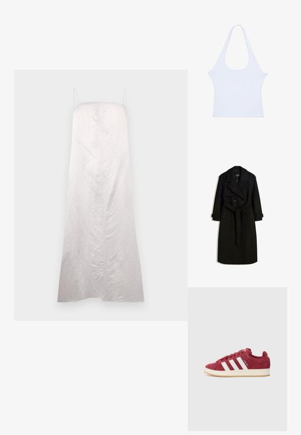 Crni kaput od vune, s dvostrukim kopčanjem sprijeda, velikim ovratnikom, pasom s remenom i uvijenim manžetama.; Bjela, bezrukavna haljina s ravnom siluetom, izrađena od lagano teksturiranog materijala, središnjim šavom i minimalnim trakama.; Bijela bezrukavna majica, izrađena od mekog materijala, s širokim okruglim izrezom, jednostavnog dizajna. Bez upadljivih uzoraka ili ukrasa, ravna tekstura.; Crvene antilop tenisice s bijelim prugama, ravnim vezicama i gumiranim potplatom. Imaju podstavljeni ovratnik i jezik, te "CAMPUS" logo sa strane.; Žuta podstavljena jakna s visokim ovratnikom i prednjim džepom, uparena s crnom torbom preko tijela s zlatnim detaljima. Ležerne traperice.