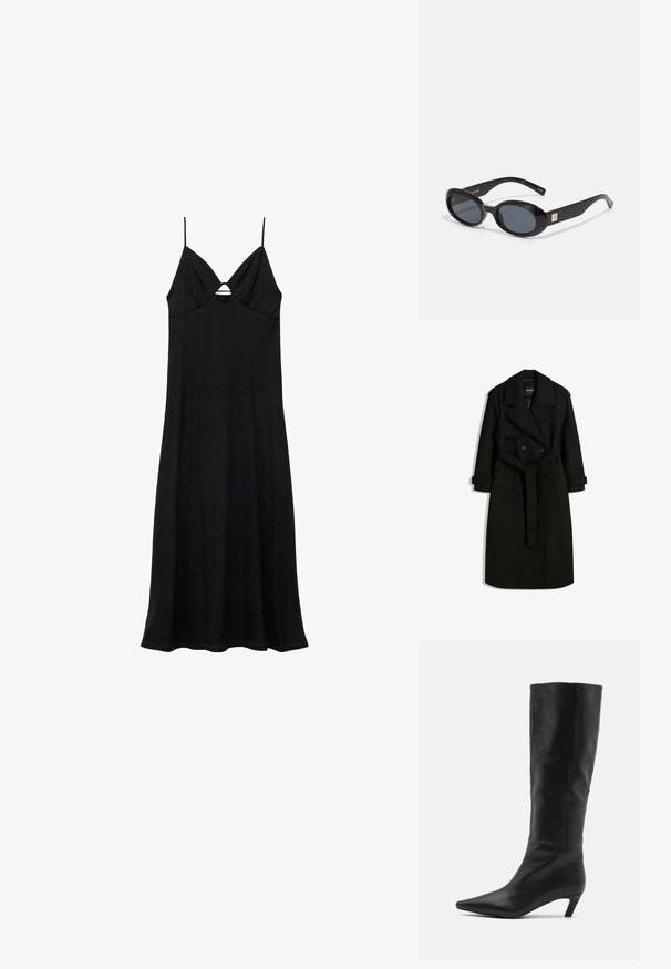 Černý trenčkot vyrobený z vlněnému podobného materiálu, s dvojitým zapínáním vpředu, velkým límcem, páskem v oblasti pasu a ohrnutými manžetami.; Mango Maxi šaty - black; RAID FLAURA - Vysoká obuv - black; Černé oválné sluneční brýle s tmavými skly, lesklým plastovým rámem, širokými stranami a malým zlatým detailem na jedné straně.