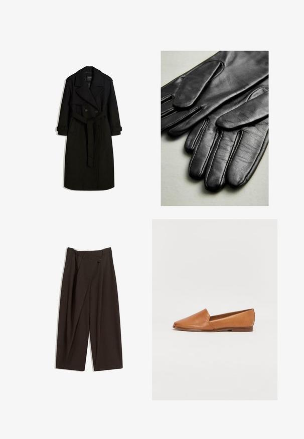 Black trench coat made of wool-like fabric, featuring a double-breasted front, large collar, belted waist, and rolled cuffs.; Black turtleneck sweater with a half-zip front, oversized sleeves, and soft texture. Features a ribbed collar and hem. Minimalist design.; Dark brown wide-leg trousers with a high waist, featuring a single button closure and a pleated front. Made from lightweight fabric.; Brown leather flat shoe with a pointed toe design and a low, brown sole. Smooth texture with no visible patterns or hardware.; Black leather gloves with smooth texture, featuring seams along the fingers and a fitted design. Soft, supple material for comfort.