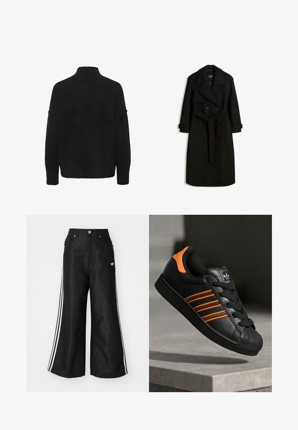 Črn plašč iz volnenega materiala, z dvojnim zapenjanjem spredaj, velikim ovratnikom, pasom in zavihanimi manšetami.; Črni pulover z visokim ovratnikom, ohlapen kroj in širokimi rokavi. Narejen iz mehke, teksturirane tkanine brez vidnih vzorcev ali okraskov.; Črne široke jeans hlače z dvema belima črtama na vsaki strani in majhnim belim logotipom. Imajo sprednje žepke in zapiranje na gumb.; Črne športne copate z oranžnimi akcenti, tremi vodoravnimi črtami, zgornjim delom iz teksturirane usnjene tkanine, gumijastim zaščitnim pokrovom za prste in črnimi vezalkami.