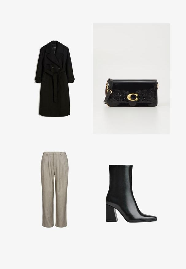Musta trench-takki villamaisesta kankaasta, jossa on kaksirivinen etuosa, suuri kaulus, vyötetty vyötärö ja kääritty hihansuu.; Musta pitkähihaisten paita, joka on valmistettu sileästä kankaasta. Siinä on kärkitasku, edessä napitus ja lyhennetty helma, jossa on sivuhaalareita.; Vaaleanharmaat laskostarhatut housut, joissa on pystysuorat raidat ja jotka on valmistettu teksturoidusta kankaasta. Ominaisuuksiin kuuluu vyötärö, jossa on yksi nappi, ja suoranlahkeinen muotoilu.; Mustat nahkasaappaat nilkkapituisena, joissa on teräväkärkinen muoto ja korkea neliön korko. Huoleton pinta, tyylikäs siluetti sekä tukevan pohjan muotoilu.; Musta patentoitu nahkakäsilaukku, jossa on kultaiset yksityiskohdat, mukaan lukien solki. Ominaisuuksiin kuuluu teksturoitu muotoilu ja irrotettava hihna. Kompakti suorakulmainen muoto.