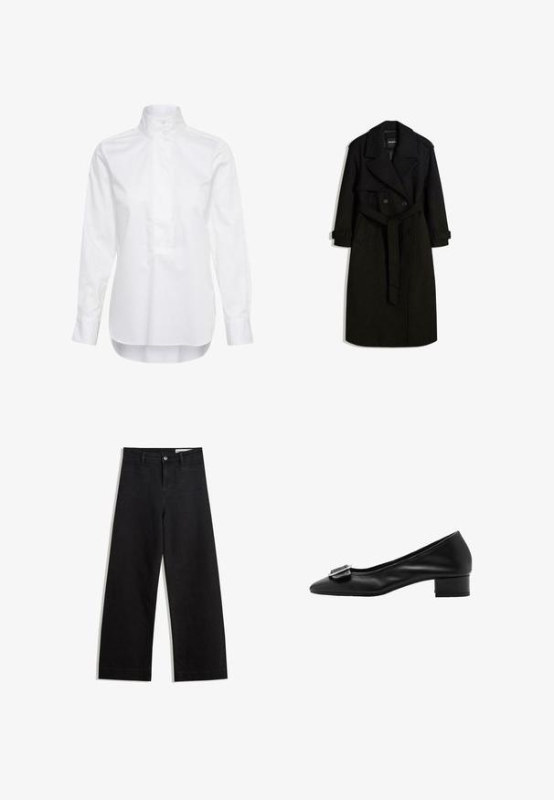 Black trench coat made of wool-like fabric, featuring a double-breasted front, large collar, belted waist, and rolled cuffs.; White long-sleeve shirt made of cotton. Features a high collar, button placket, and a slightly longer back hem. Smooth texture.; Black wide-leg denim pants with a high waist, featuring front and back pockets, stitched seams, and a button closure. Smooth texture.; Black leather pump with a pointed toe, small block heel, and decorative buckle detail on the vamp. Smooth texture and simple design.