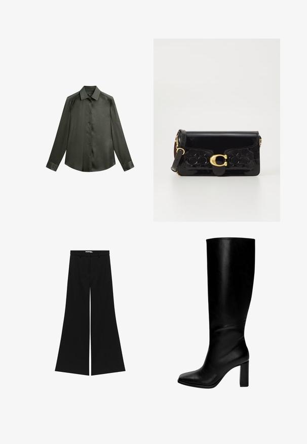 Zwarte trenchcoat gemaakt van een wolachtige stof, met een dubbelzijdige voorkant, grote kraag, een ceintuur in de taille en opgerolde mouwen.; Donkergroen satijnen shirt met een kraaghals, lange mouwen en knoopsluiting aan de voorkant; heeft een gladde, glanzende textuur.; Zwarte wijde broek met een op maat gemaakte tailleband, schuine voorkzakken en een gladde textuur. Kenmerkt zich door een strakke, minimalistische uitstraling.; Zwarte leren laarzen tot de knie met een vierkante neus en een stevige hak. Glad textuur, aansluitend ontwerp en geen zichtbare hardware of patronen.; Zwarte gepatineerde leren handtas met gouden hardware, inclusief een sluiting. Voorzien van een textuurontwerp en een afneembare schouderriem. Compact rechthoekige vorm.