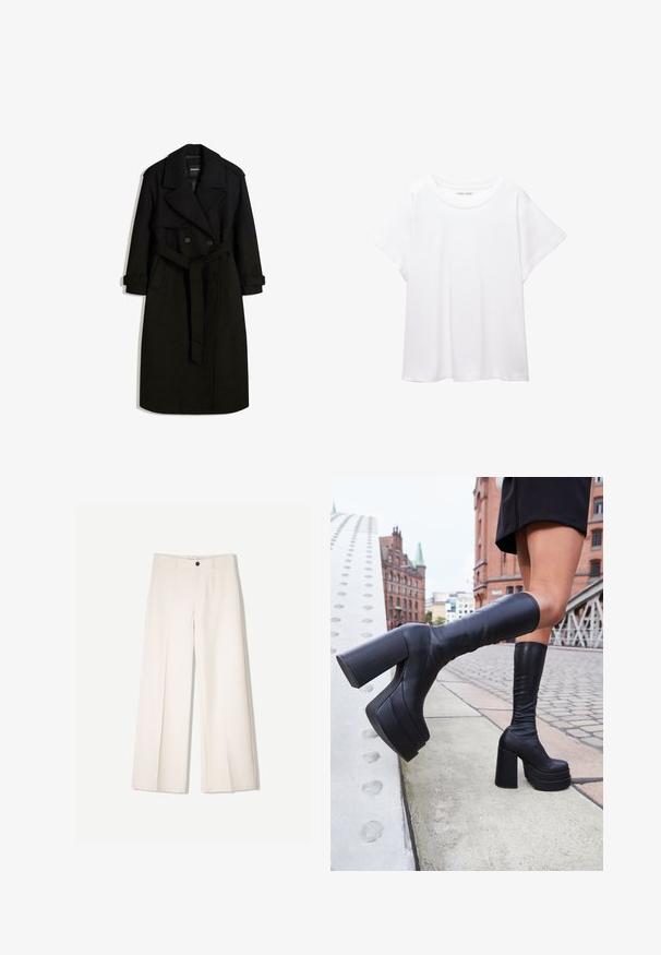 Schwarzer Trenchcoat aus wollähnlichem Stoff, mit doppelter Knopfleiste, großem Kragen, tailliertem Gürtel und umgeschlagenen Manschetten.; Weißes T-Shirt aus weichem, leichtem Stoff. Mit runder Halslinie und kurzen, weit geschnittenen Ärmeln für einen lässigen Sitz. Keine sichtbaren Muster.; Cremfarbene weitem Hosen mit maßgeschneidertem Design, ausgestattet mit zwei vorderen Taschen und einem vorderen Knopfverschluss, aus glattem Stoff gefertigt.; Schwarze knöchelhohe Plateaustiefel aus glattem Leder, mit dicken quadratischen Absätzen und einem eleganten Design, vor einer Stadtkulisse.