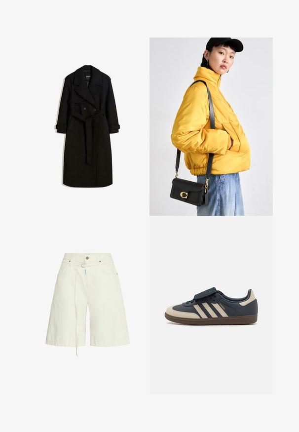 Svart trenchcoat i ull-liknande tyg, med dubbelknäppt front, stor krage, bälte i midjan och upplagda ärmar.; Vit ärmlös topp i mjukt tyg med bred halsringning och förlängda ärmhål, med slät textur och minimalistisk design.; Ljust beige denimshorts med en avslappnad passform, bälteöglor, framfickor och en snörning i midjan. Slät textur.; Marinblå lädersneakers med krämfärgade detaljer, tre ränder på sidan, rund tå och strukturerad brun gummisula. Velcro-flik högst upp.; Gul vadderad jacka med hög krage och framficka, ihop med en svart crossbody-väska med gulddetaljer. Avslappnade denimbyxor.