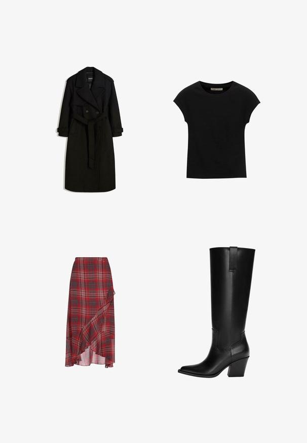 Sort trenchcoat lavet af uldlignende stof, med dobbeltradet front, stort krave, bælte i taljen og opfoldede manchetter.; Sort t-shirt med korte ærmer lavet af blødt stof, med rund halsudskæring og en afslappet pasform, med en glat tekstur og uden mønstre.; Rødternet nederdel lavet af letvægtsstof, med en volangnederdel og et asymmetrisk design. Mønstret indeholder nuancer af grå og hvid.; Knæhøje sorte læderstøvler med spids tå, blokhæl og sømdetalje på siden. Inkluderer en bageste strop for nem påtagning.