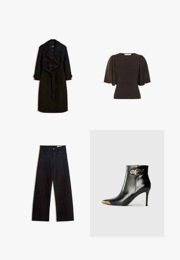 Fekete gyapjú jellegű anyagból készült trench coat, dupla gombolású elülső résszel, nagy gallérral, övvel ellátott derékkal és felgöngyölt mandzsettákkal.; Fekete felső, rövid, puffos ujjakkal, sima anyagból készült. Kerek nyakkivágással és testhez álló siluettal rendelkezik.; Fekete, bő szabású farmernadrág magas derékkal, elülső és hátsó zsebekkel, varrott felületekkel és gombos záródással. Sima textúra.; Fekete bőr bokacsizma hegyes orrral és stiletto sarkal. Arany díszítésű orrvédővel és oldalsó csattal rendelkezik.