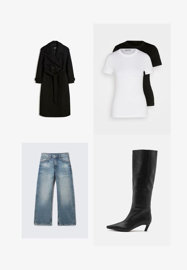 Black trench coat made of wool-like fabric, featuring a double-breasted front, large collar, belted waist, and rolled cuffs.; Two short-sleeve T-shirts in black and white. Made of smooth cotton, featuring a classic round neckline and regular fit.; Light blue wide-leg jeans made of denim, featuring a high waist, five pockets, and faded wash with subtle whiskering effect.; RAID FLAURA - Boots - black