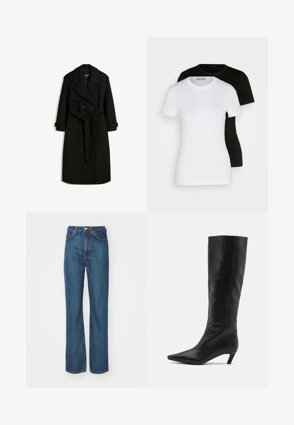 Crni kaput od vune, s dvostrukim kopčanjem sprijeda, velikim ovratnikom, pasom s remenom i uvijenim manžetama.; Dvije majice kratkih rukava u crnoj i bijeloj boji. Izrađene od glatkog pamuka, imaju klasičan okrugli izrez i regularan kroj.; Plave traperice s ravnim nogavicama, zatvaranjem na gumb i dizajnom s pet džepova. Tkanina ima glatku teksturu s suptilnim detaljima šivanja.; RAID FLAURA - Čizme - black