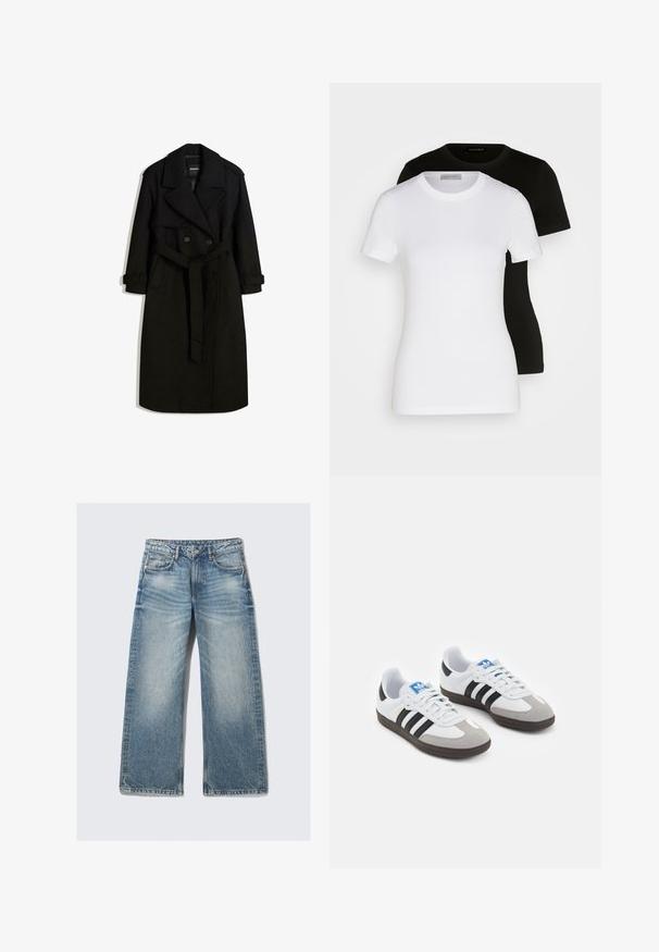 Musta trench-takki villamaisesta kankaasta, jossa on kaksirivinen etuosa, suuri kaulus, vyötetty vyötärö ja kääritty hihansuu.; Kaksi lyhythihaista T-paitaa mustana ja valkoisena. Valmistettu sileästä puuvillasta, jossa on klassinen pyöreä kaula-aukko ja normaali istuvuus.; Vaaleansiniset leveälahkeiset farkut, joissa on korkea vyötärö, viisi taskua ja haalistunut pesu kevyellä kupruttamisvaikutuksella.; Urheilukengät, joissa on valkoinen nahkainen päällinen, harmaa mokkanokka ja kolme mustaa raitaa. Ominaisuuksina sininen logo kielekkeessä ja kuvioitu kumipohja.