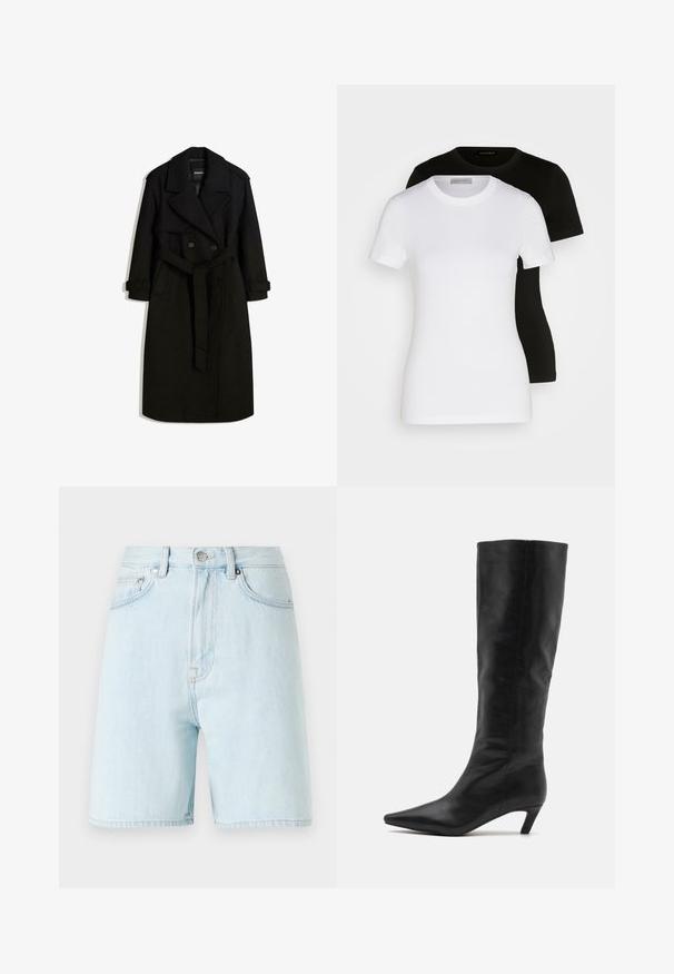 Čierny trench coat vyrobený z vlnenej tkaniny, s dvojradovým zapínaním, veľkým golierom, opaskom v páse a zvinutými manžetami.; Dvoje tričiek s krátkym rukávom v čiernej a bielej farbe. Vyrobené z hladkej bavlny, s klasickým okrúhlym výstrihom a bežným strihom.; Svetlomodré denimové šortky s vysokým pásom, dizajnom s piatimi vreckami a uzatváraním na mosadzný gombík. Majú jemné švy a surové okraje.; RAID FLAURA - Čižmy - black