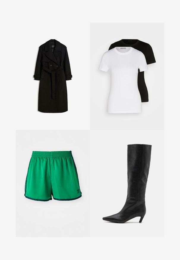 Černý trenčkot vyrobený z vlněnému podobného materiálu, s dvojitým zapínáním vpředu, velkým límcem, páskem v oblasti pasu a ohrnutými manžetami.; Dvé trička s krátkým rukávem v černé a bílé barvě. Vyrobena z hladké bavlny, mají klasický kulatý výstřih a standardní střih.; Zelené sportovní šortky s hladkým povrchem, elastickým páskem a tmavozelenými bočními akcenty. Na dolním lemu se nachází logo Adidas.; RAID FLAURA - Vysoká obuv - black