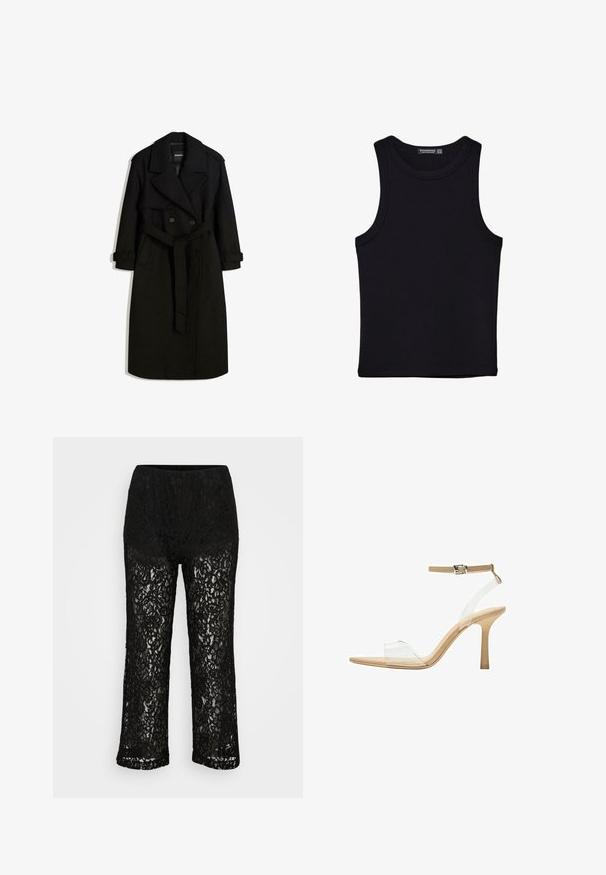 Čierny trench coat vyrobený z vlnenej tkaniny, s dvojradovým zapínaním, veľkým golierom, opaskom v páse a zvinutými manžetami.; Čierny tank top vyrobený z bavlny, s okrúhlym výstrihom a širokými ramienkami. Hladká textúra so zošitými okrajmi. Klasický, minimalistický dizajn.; Čierne čipkované nohavice so širokými nohavicami, nepriehľadným podšívkovým materiálom, kvetinovým vzorom a elastickým pásom na jednofarebnom pozadí.; Priehľadné sandále na vysokom podpätku s transparentným zvrškom, béžovou stielkou a štíhlym remienkom na členku. Majú špicatú špičku a tenký vysoký podpätok.