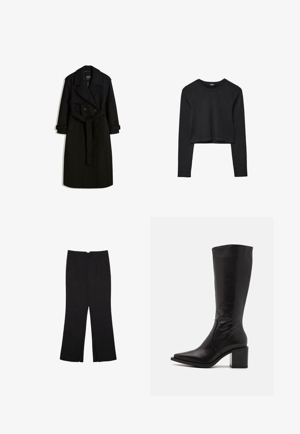 Svart trenchcoat i ull-liknande tyg, med dubbelknäppt front, stor krage, bälte i midjan och upplagda ärmar.; Svart långärmad croppad topp med rund halsringning, enkel design och en något rundad nederkant.; Svarta byxor med rak passform, utrustade med framfickor och sidoklyvningar vid fållen. Tillverkade av mjukt, slätt tyg. Lämpliga för olika tillfällen.; Zign LEATHER - Stövel - black