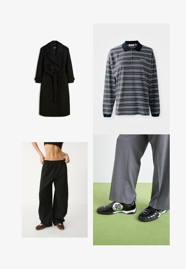 Zwarte trenchcoat gemaakt van een wolachtige stof, met een dubbelzijdige voorkant, grote kraag, een ceintuur in de taille en opgerolde mouwen.; Langsleeve polo shirt in marineblauw en witte strepen, van katoen, met een kraag, drie knopen bij de hals en een klein geborduurd logo op de borst.; Zwarte, wijde sweatpants met een elastische tailleband. Gemaakt van zachte stof, in een ontspannen pasvorm. Gecombineerd met bruine sneakers.; Zwarte gepatineerde leren sneakers met een zilveren "90" detail, met een textuur oppervlak en vetersluiting, gecombineerd met grijze wijde broeken.