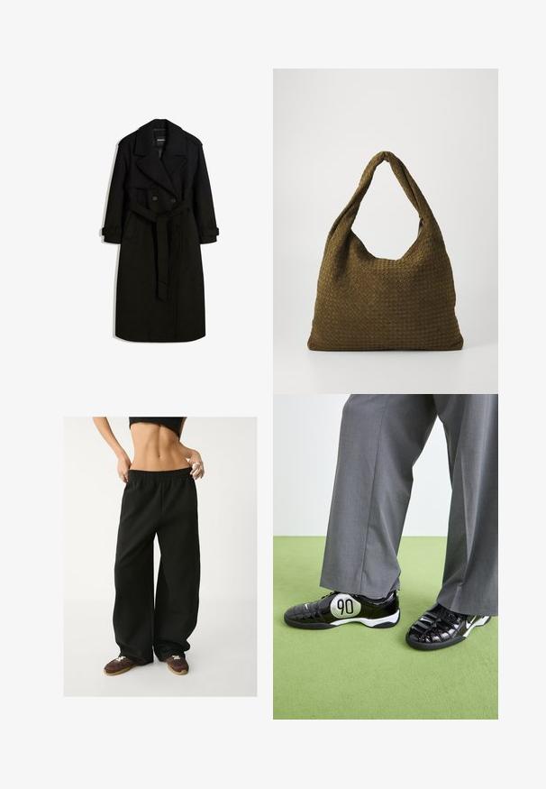 Schwarzer Trenchcoat aus wollähnlichem Stoff, mit doppelter Knopfleiste, großem Kragen, tailliertem Gürtel und umgeschlagenen Manschetten.; Langärmeliges Poloshirt in navyblauen und weißen Streifen, aus Baumwollstoff, mit Kragen, einer Drei-Knopf-Leiste und einem kleinen gestickten Logo auf der Brust.; Schwarze, weite Jogginghosen mit elastischem Taillenbund. Hergestellt aus weichem Stoff und mit lockerer Passform. Kombiniert mit braunen Turnschuhen.; Schwarze Lackledersneaker mit einem silbernen "90"-Detail, ausgestattet mit einer strukturierten Oberfläche und Schnürdesign, kombiniert mit grauen weit geschnittenen Hosen.; Gewebte Handtasche in Olivgrün mit einer geräumigen, runden Form und einem einzelnen, verlängerten Tragegriff. Strukturiere Oberfläche.