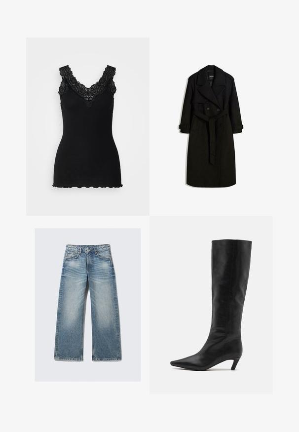 Sort trenchcoat lavet af uldlignende stof, med dobbeltradet front, stort krave, bælte i taljen og opfoldede manchetter.; Sort ribbet tanktop med blonde detaljer langs en V-hals og bølgekant. Teksturen er blød, hvilket forbedrer det tætsiddende design.; Lyseblå vide jeans lavet af denim, med høj talje, fem lommer og en falmet vask med en subtil whiskering-effekt.; RAID FLAURA - Høje støvler/ Støvler - black