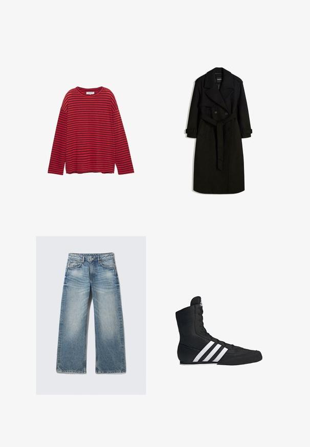 Black trench coat made of wool-like fabric, featuring a double-breasted front, large collar, belted waist, and rolled cuffs.; Red and navy striped long-sleeve T-shirt made of cotton, featuring a round neckline and relaxed fit with dropped shoulders.; Light blue wide-leg jeans made of denim, featuring a high waist, five pockets, and faded wash with subtle whiskering effect.; Black high-top athletic shoe with a textured fabric upper, featuring three white stripes and a laced front design. Flat rubber sole at the base.
