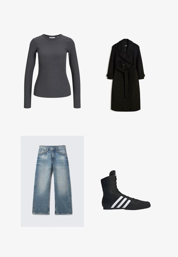 Čierny trench coat vyrobený z vlnenej tkaniny, s dvojradovým zapínaním, veľkým golierom, opaskom v páse a zvinutými manžetami.; Dlhý rukáv, rebrovaný top v tmavosivej farbe. Má okrúhly výstrih a priliehavú siluetu. Vyrobený z elastickej tkaniny pre pohodlie.; Svetlo modré široké džínsy vyrobené z denimu, s vysokým pásom, piatimi vreckami a vyblednutým umývaným vzhľadom s jemným efektom šúchania.; Čierna vysoká športová obuv s textilným zvrškom, vybavená tromi bielymi pruhmi a šnurovaním vpredu. Plochá gumová podrážka na spodnej časti.