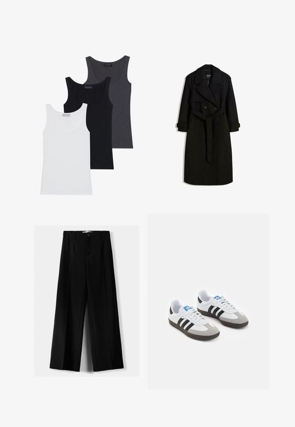 Fekete gyapjú jellegű anyagból készült trench coat, dupla gombolású elülső résszel, nagy gallérral, övvel ellátott derékkal és felgöngyölt mandzsettákkal.; Három ujjatlan felső fehér, fekete és sötétszürke színben, amelyek gyönyörűen kerek dekoltázzsal rendelkeznek, és puha, elasztikus anyagból készültek. Mindegyiken látható a címke.; Fekete, bő szárú nadrág, könnyű anyagból, elöl gombos záródással és sima elfröccsenésű fazonnal, szépen varrott szegélyekkel.; Fehér bőr felsőrészes sportcipő, szürke velúrból készült orral és három fekete csíkkal. Jellemzője a kék logó a nyelvén és egy texturált gumitalp.