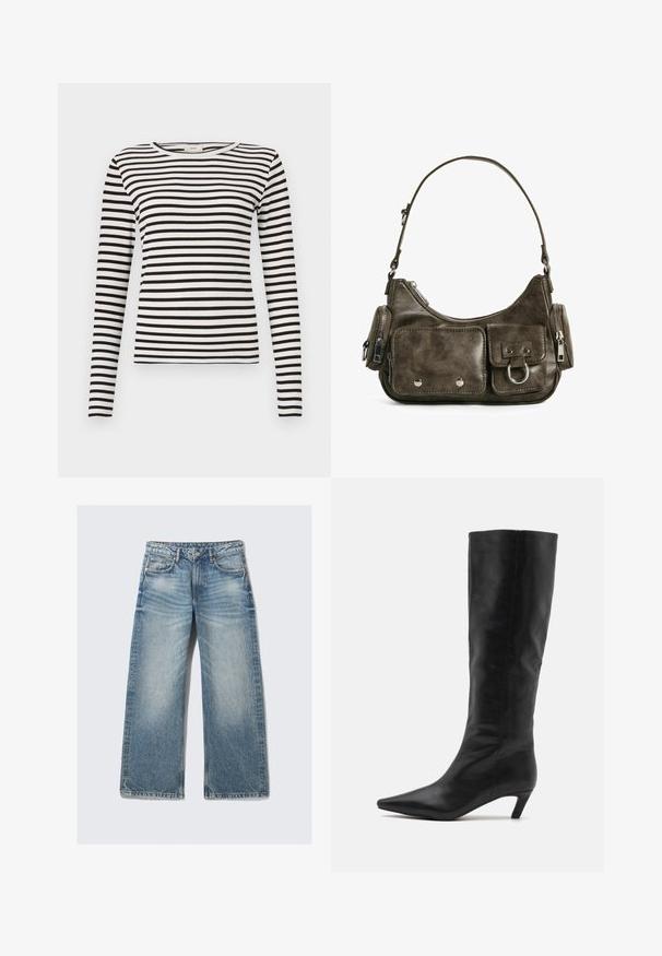 Črn plašč iz volnenega materiala, z dvojnim zapenjanjem spredaj, velikim ovratnikom, pasom in zavihanimi manšetami.; Črno-bela kratka majica z dolgimi rokavi in okroglim izrezom ter prilegajočo se rebrasto teksturo. Uravnotežena širina črt po celotni površini.; Svetlo modri široki traper hlače, izdelane iz denima, z visokim pasom, petimi žepi in bledim pranjem z rahlim učinkom drgnjenja.; RAID FLAURA - Škornji - black; Temno zelena usnjena torbica s ukrivljeno obliko, z zadrgo in sprednjim žepom na poklopcu. Opremljena je s srebrnim okovjem in teksturirano površino.