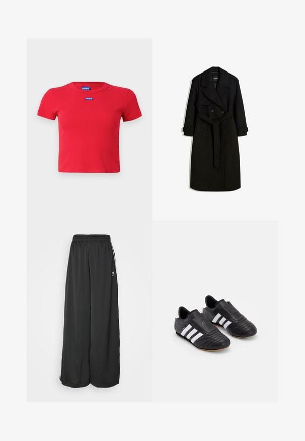Black trench coat made of wool-like fabric, featuring a double-breasted front, large collar, belted waist, and rolled cuffs.; Red short-sleeve fitted T-shirt made of ribbed material with a round neckline, featuring a blue HUGO logo stitched on the front.; Black loose-fitting track pants made of smooth fabric. Features an elastic waistband and side stripes with logo accents.; Black soccer shoes with a textured leather upper, featuring a padded front, three white stripes on the sides, and a gum rubber outsole.