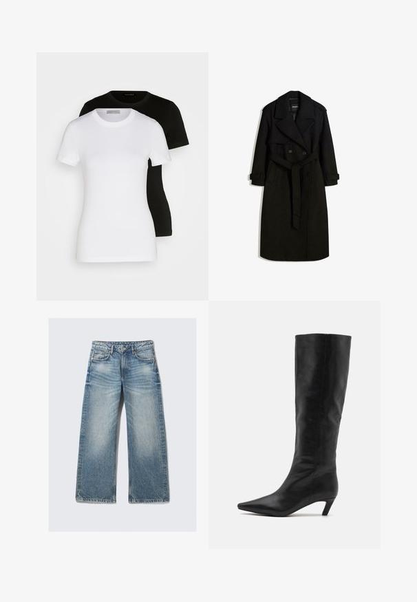 Czarny płaszcz trench wykonany z materiału przypominającego wełnę, z podwójnym zapięciem z przodu, dużym kołnierzem, paskiem w talii i podwiniętymi rękawami.; Dwie koszulki z krótkim rękawem w kolorze czarnym i białym. Wykonane z gładkiej bawełny, z klasycznym okrągłym dekoltem i regularnym krojem.; Jasnoniebieskie dżinsy o szerokich nogawkach wykonane z denimu, z wysokim stanem, pięcioma kieszeniami oraz delikatnym przetarciem i efektem zwiotczenia.; RAID FLAURA czarny