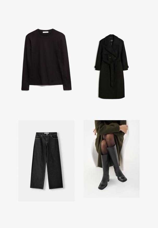 Cappotto nero realizzato in un tessuto simile alla lana, con fronte doppiopetto, ampio colletto, vita con cintura e polsini arrotolati.; T-shirt nera a maniche lunghe con colletto a giro, realizzata in tessuto testurizzato, con orlo dritto e dettagli cuciti sul colletto e sulle spalle.; Jeans larghi in denim nero con cinque tasche, chiusura con bottone metallico e zip, e cuciture gialle a contrasto lungo le cuciture.; Stivali neri in pelle alti fino al ginocchio con punta squadrata e tacco a blocco, mostrati con un modello seduto in un cappotto verde oliva. Texture liscia, dettagli minimi.