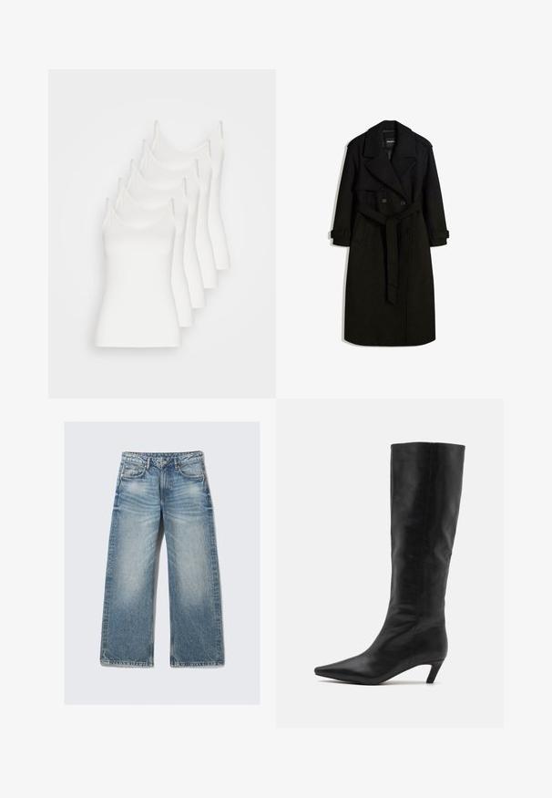 Zwarte trenchcoat gemaakt van een wolachtige stof, met een dubbelzijdige voorkant, grote kraag, een ceintuur in de taille en opgerolde mouwen.; Vijf witte topjes met dunne bandjes, gemaakt van een zachte stof, met een aansluitend ontwerp en zonder opvallende versieringen.; Lichtblauwe wijde jeans van denim, met een hoge taille, vijf zakken en een vervaagde was met subtiele whiskering-effect.; RAID FLAURA - Laarzen - black