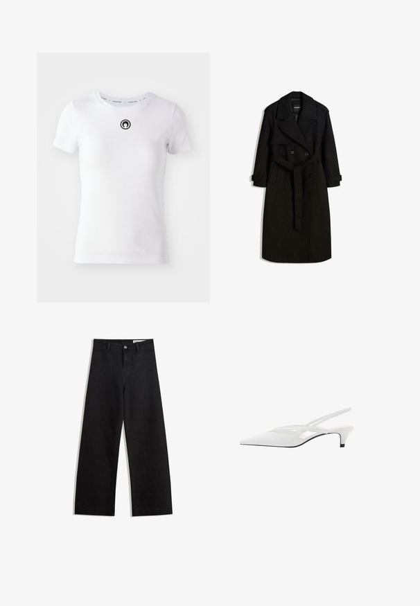 Černý trenčkot vyrobený z vlněnému podobného materiálu, s dvojitým zapínáním vpředu, velkým límcem, páskem v oblasti pasu a ohrnutými manžetami.; Bílý krátký rukáv tričko vyrobené z bavlny, s kulatým černým vyšitým logem uprostřed hrudi a žebrovaným výstřihem.; Černé denimové kalhoty s volným střihem a vysokým pasem, vybavené předními a zadními kapsami, prošívanými švy a knoflíkovým zapínáním. Hladká textura.; Bílé slingback podpatky se špičatou špičkou, s hladkým svrškem, jemnými výřezy a nízkým blokovým podpatkem. Černá podrážka zvýrazňuje design.