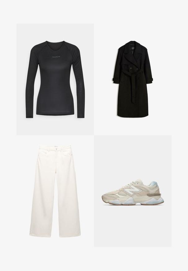 Schwarzer Trenchcoat aus wollähnlichem Stoff, mit doppelter Knopfleiste, großem Kragen, tailliertem Gürtel und umgeschlagenen Manschetten.; Langärmliges schwarzes Oberteil aus weichem Stoff. Verfügt über einen runden Ausschnitt und ein tonal passendes "Isadore"-Logo auf der Brust. Slim-Fit-Design.; Weiße, weit geschnittene Jeans aus Denim mit hoher Taille, ausgestattet mit Vordertaschen und Metallbeschlägen am Knopf- und Reißverschluss.; Beige und hellblaue Mesh- und Wildleder-Sportsneaker mit weißem "N"-Logo und knalliger weiß-brauner Sohle, Seitenansicht.