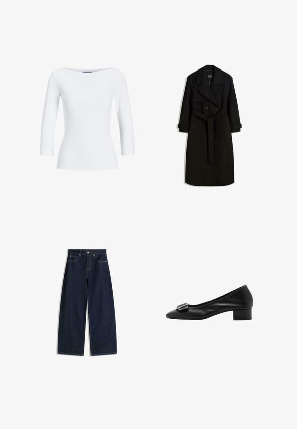 Black trench coat made of wool-like fabric, featuring a double-breasted front, large collar, belted waist, and rolled cuffs.; White ribbed long-sleeve top with a boat neckline. The fabric is smooth, form-fitting, and features a clean finish at the cuffs and hem.; Dark blue wide-leg denim jeans with front pockets, button closure, and visible stitching on a white background.; Black leather pump with a pointed toe, small block heel, and decorative buckle detail on the vamp. Smooth texture and simple design.