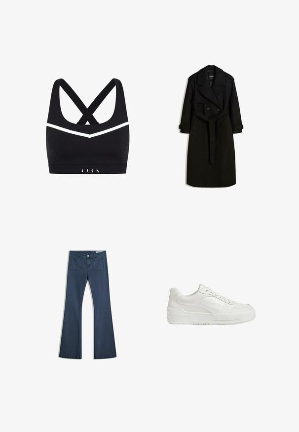 Czarny płaszcz trench wykonany z materiału przypominającego wełnę, z podwójnym zapięciem z przodu, dużym kołnierzem, paskiem w talii i podwiniętymi rękawami.; Czarny stanik sportowy z krzyżowym plecami, z białymi akcentami, wykonany z elastycznej tkaniny; posiada szeroką taśmę z detalami logo.; Ciemnoniebieskie dżinsy typu dzwony z przeszytymi kieszeniami, zapięciem na guzik i gładką fakturą. Posiadają klasyczny pięciokieszeniowy fason.; Białe skórzane trampki o gładkiej fakturze, z wyściełanym kostkiem i perforowanym noskiem. Posiadają lekko podwyższoną gumową podeszwę i sznurowany fason.