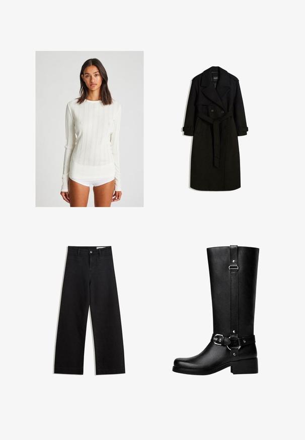 Čierny trench coat vyrobený z vlnenej tkaniny, s dvojradovým zapínaním, veľkým golierom, opaskom v páse a zvinutými manžetami.; Krémová tričko s dlhým rukávom a okrúhlym výstrihom. Obsahuje vertikálne pruhy a priliehavý strih. Vyrobené z mäkkej pleteniny.; Čierne denimové nohavice s širokými nohavicami a vysokým pásom, so prednými a zadnými vreckami, šitými švami a zapínaním na gombík. Hladká textúra.; Vysoké čierne botas z umelého koženého materiálu s okrúhlou špičkou, detailom s prackou na opasku a hrubým podpätkom. Hladká textúra a vertikálny šev na nohavici.