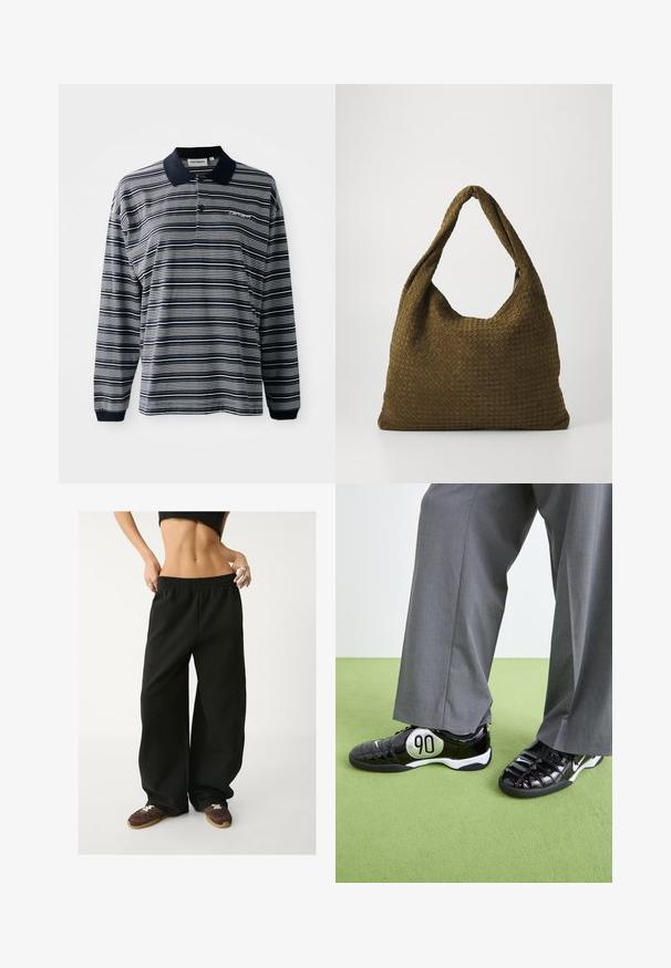 Schwarzer Trenchcoat aus wollähnlichem Stoff, mit doppelter Knopfleiste, großem Kragen, tailliertem Gürtel und umgeschlagenen Manschetten.; Langärmeliges Poloshirt in navyblauen und weißen Streifen, aus Baumwollstoff, mit Kragen, einer Drei-Knopf-Leiste und einem kleinen gestickten Logo auf der Brust.; Schwarze, weite Jogginghosen mit elastischem Taillenbund. Hergestellt aus weichem Stoff und mit lockerer Passform. Kombiniert mit braunen Turnschuhen.; Schwarze Lackledersneaker mit einem silbernen "90"-Detail, ausgestattet mit einer strukturierten Oberfläche und Schnürdesign, kombiniert mit grauen weit geschnittenen Hosen.; Gewebte Handtasche in Olivgrün mit einer geräumigen, runden Form und einem einzelnen, verlängerten Tragegriff. Strukturiere Oberfläche.