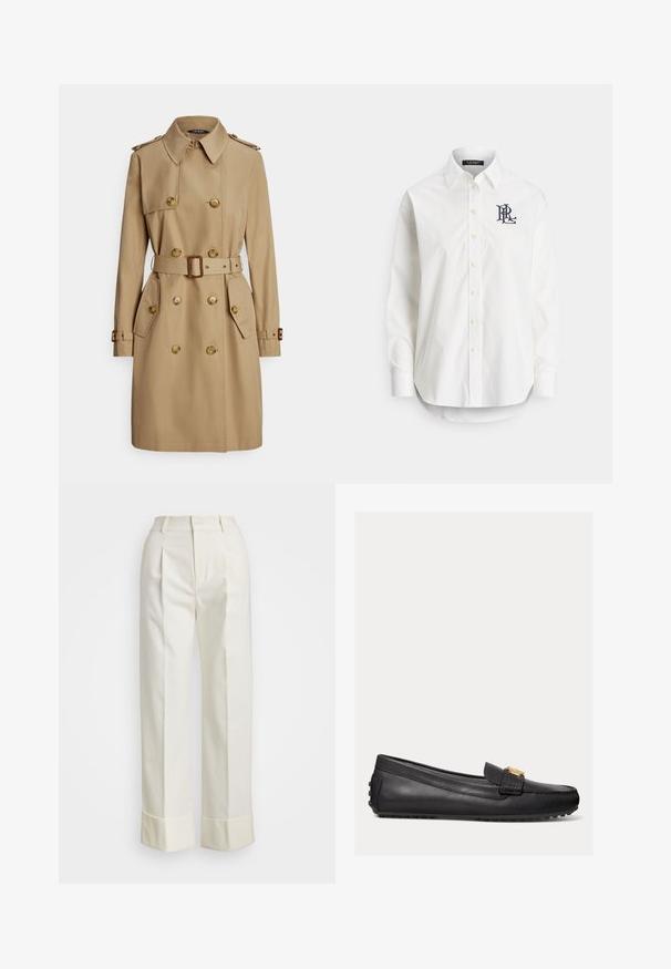 Beež kahekordse nööpimisega trents, suured nööbid ja vööga talje. Omab epauletti ja kahte klapiga taskut. Sile tekstuur.; Valge puuvillane pikalõikelise varrukaga triiksärk, millel on terav krae ja vasakul rinnal tumesinine tikandiga logo. Allosas ümar lõige.; Valged kohandatud püksid, millel on kõrge talje, topeltesine voldid ja laiad sääred volditud äärtega. Valmistatud siledast, tekstureeritud kangast.; Mustad nahast peakaaned siledast viimistlusest, millel on kuldne dekoratiivne riistvara ja kummist välistald väikeste haarde nupudega.