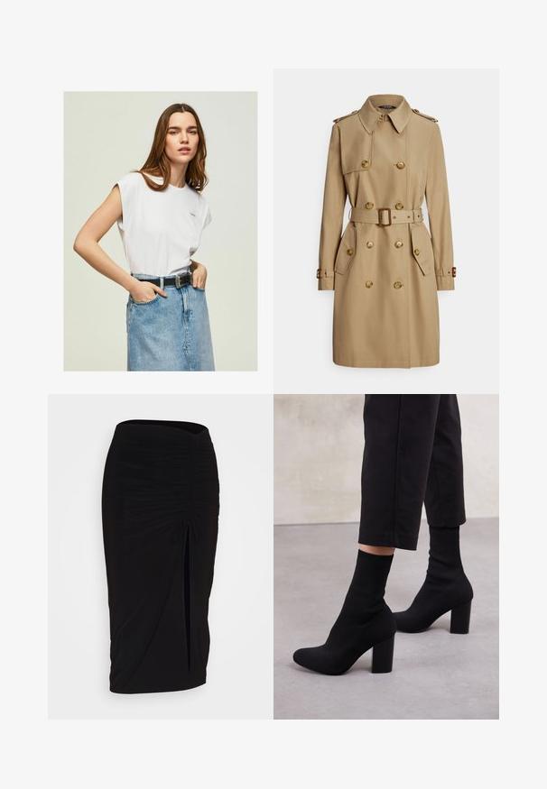 Abrigo beige estilo gabardina con diseño cruzado, grandes botones y cintura con cinturón. Cuenta con hombreras y dos bolsillos con solapa. Textura suave.; Pepe Jeans BLOOM - Camiseta básica - white; falda lápiz negra con fruncido, detalle de lazo y abertura lateral. Hecha de un tejido elástico, con una textura suave y un diseño ajustado.; Botines de tacón negro con un upper tipo calcetín acanalado, superficie lisa, punta redonda y un tacón de bloque para mayor estabilidad.
