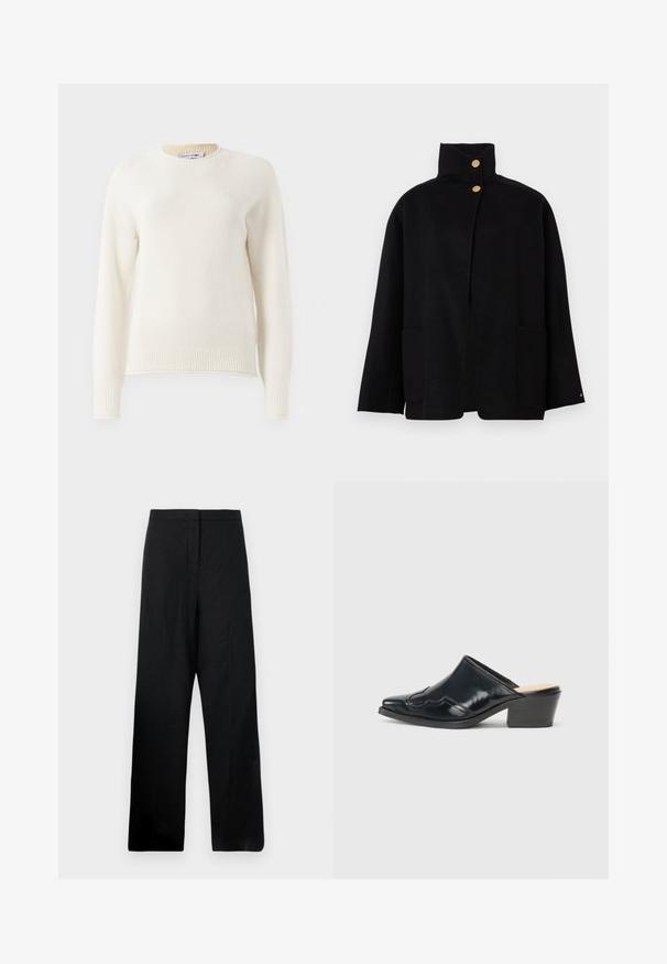Črna jakna s visokim ovratnikom, dvema zlatima gumboma in dvema sprednjima žepoma, prikazana na enostavni podlagi.; Kremno pleteno pulover s dolgimi rokavi, z rebrastimi manšetami in robom, okroglo ovratnico ter majhnim vezenim logotipom na prsih.; Črne hlače širokega kroja, izdelane iz lahkega materiala. Imajo gladko teksturo, visok pas in minimalne šive.; Črne lakirane mule s koničastim nosom, ukrivljeno zasnovo in nizkim blok petam, ki ima dekorativno šivanje po celotni zgornji površini.