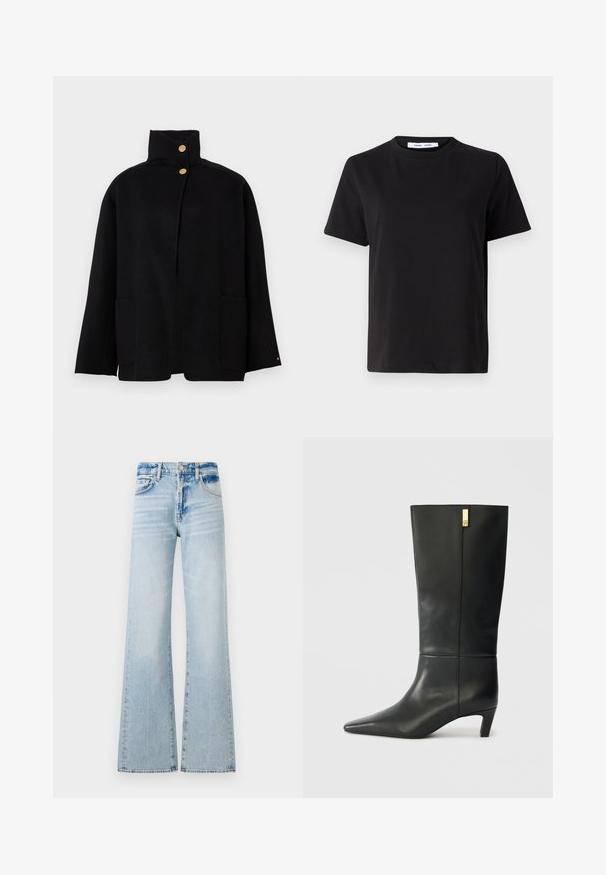 Casaco preto de gola alta com dois botões dourados e dois bolsos frontais de remendo, exibido contra um fundo simples.; T-shirt preto de manga curta feito de algodão suave, com decote redondo, ajuste descontraído e uma textura suave. Sem padrões ou gráficos visíveis.; Jeans de perna larga azul claro, feitos de denim, com uma cintura de altura média, cinco bolsos e costura em contraste com um acabamento desbotado.; Bota de couro preto até ao joelho com bico fino e um pequeno tacão. Apresenta um design elegante com um detalhe em dourado. Textura suave.