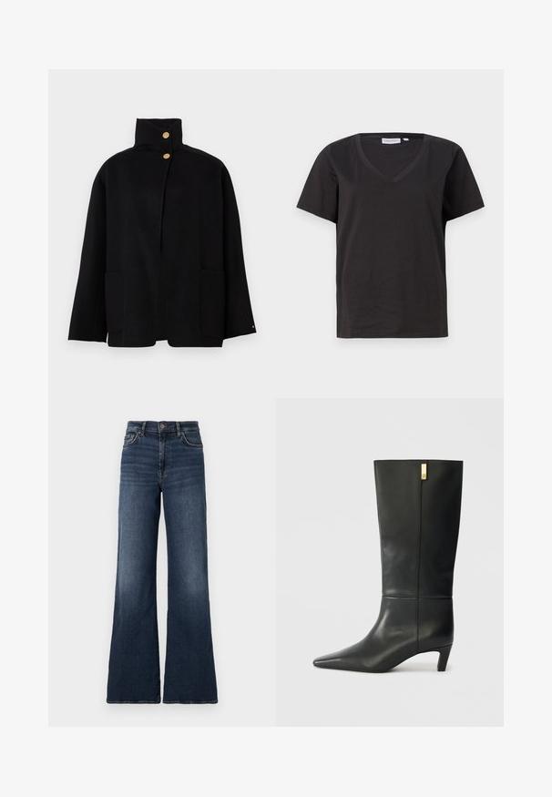 Must mustarika kõrge kaelusega jakk kahe kuldse nupukese ja kahe külje sanga taskuga, esitatud lihtsa tausta ees.; Must musta T-särk V-kaelusega ja lühikeste varrukatega. Lihtne disain, regulaarne istuvus, ilma mustrite ja aktsentideta.; Laiadegusega tumesinised denim teksad kõrge vööjoonega. Omavad klassikalist viit taskut ja õrna kulumist reites. Metallne nööp kinnitamiseks.; Mustmustest mustakõrgune musta nahast saabas terava ninaga ja väikese kontsaga. Omab sujuvat disaini kuldse aksendi detailiga. Sile tekstuur.