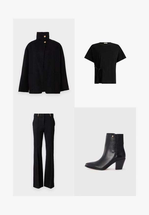 Schwarze Jacke mit hohem Kragen, zwei goldenen Knöpfen und zwei aufgesetzten Taschen, vor einem einfarbigen Hintergrund präsentiert.; Schwarzes Baumwoll-T-Shirt mit kurzen Ärmeln und einem seitlichen Bindedetail. Einfaches, lockeres Design mit Rundhalsausschnitt.; LIU JO PANT FIT AND FLARE - Stoffhose - nero; Schwarze Lederstiefelette mit spitzer Zehenform, elastischen Seitenpaneelen und einem quadratischen Absatz. Mit einem kleinen goldenen Logoakzent.