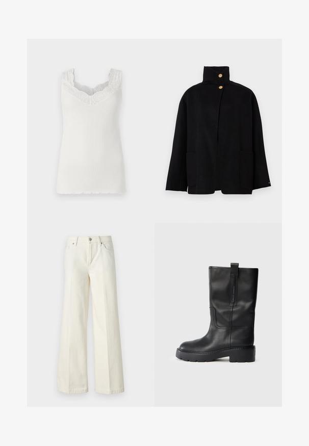 Fekete magasnyakú dzseki, két arany gombbal és két elülső zsebbel, sima háttér előtt bemutatva.; Fehér bordázott trikó, V-kivágással és csipkés díszítéssel a nyaknál. Fitted siluettal és hullámos szegéllyel rendelkezik. Puha tapintású.; Bőszárú fehér farmernadrág pamut keverék anyagból. Cipzáras záródással, öt zsebes kialakítással és varrással a varratok mentén.; Fekete bőr, térd fölé érő csizmák, amelyek karcsú dizájnnal rendelkeznek, vastag talppal és oldalsó húzópánttal a könnyű felvételhez. Figyelemre méltó varrási részletek.