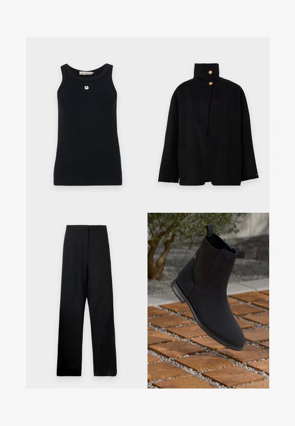 Fekete magasnyakú dzseki, két arany gombbal és két elülső zsebbel, sima háttér előtt bemutatva.; Fekete ujjatlan tank top bordás anyagból, kerek nyakkivágással és egy kis fehér virágmotívummal az elején.; Fekete, széles szárú nadrág könnyű anyagból. Jellemzője a sima textúra, magas derekú fazon és minimális varrási részletek.; Fekete bokacsizma rugalmas oldalpanellel, amely lebeg egy fa négyzetcsempe felett, kövekkel egy szabadtéri környezetben.