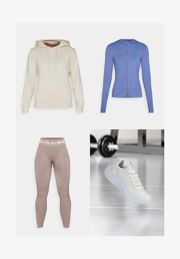 Lange mouwen, hoodie met rits aan de voorkant in lichtblauwe stof. Beschikt over een textuurpatroon en een getailleerd ontwerp met een capuchon.; Beige hoodie van zacht materiaal, met een voorste kangaroo-pocket, verstelbare trekkoorden en een subtiele roze logo-ontwerp op de borst.; Hoogwaist, beige leggings gemaakt van rekbare stof met een zachte textuur; met witte opdruk op de tailleband met de tekst "ONLY PLAY SPORT."; Witte sport sneaker met een gestructureerde mesh bovenkant en vetersysteem, voorzien van een gewatteerde witte zool en subtiele ribbelaccenten.