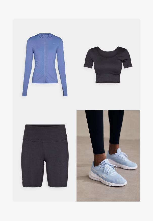 Lange mouwen, hoodie met rits aan de voorkant in lichtblauwe stof. Beschikt over een textuurpatroon en een getailleerd ontwerp met een capuchon.; Zwarte geribde cropped top met korte mouwen, brede ronde halslijn en een aansluitende band aan de onderkant. Zachte textuur, casual ontwerp.; Zwarte sportshorts van rekbaar materiaal, met een hoge tailleband en vlakke stiksel-details. Ontworpen voor comfort en bewegingsvrijheid.; Lichtblauwe sport sneakers van mesh stof, met een gewatteerde kraag en een witte zool. Bevat veters en zijkanten in een contrasterend wit.