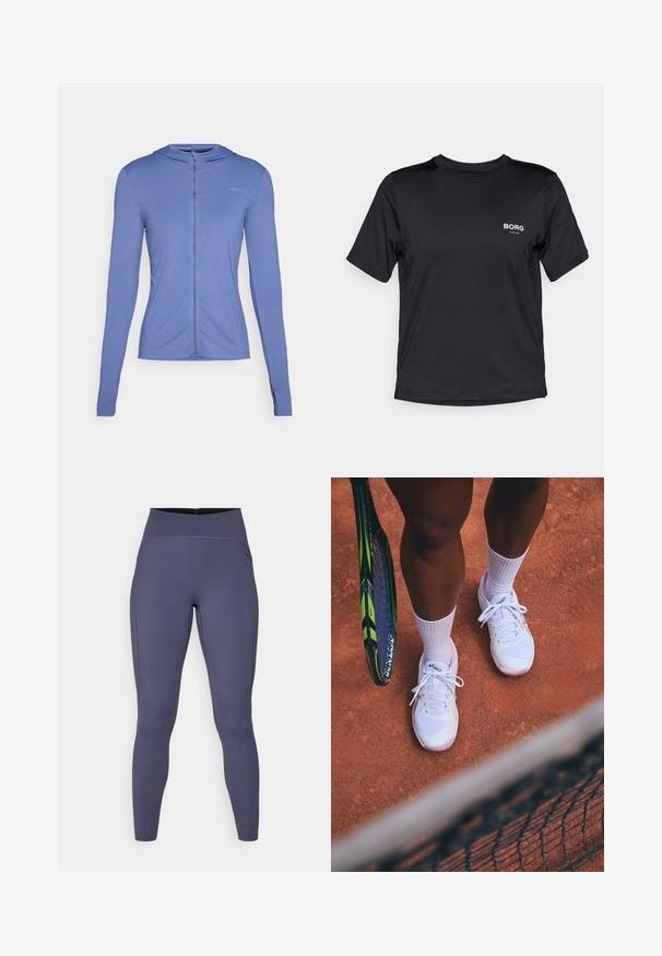 Long-sleeve, zip-front hoodie in light blue fabric. Features a textured pattern and a fitted design with a hood.; Black short-sleeve athletic t-shirt made of smooth fabric. "BORG" logo printed in white on the left chest area. Crew neck design.; High-waisted leggings in a solid dark gray color. Made from stretchy fabric with flatlock seams and a fitted, tapered leg design.; White tennis shoes with mesh panels and pink accents, paired with white socks, positioned on a clay court with a tennis racket nearby.
