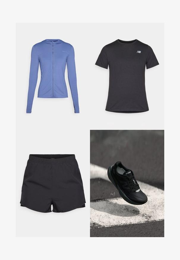 Šviesiai mėlynas ilgomis rankovėmis, užtrauktuku užsegamas džemperis. turi tekstūruotą raštą ir prigludusį siluetą su kapišonu.; Juodas trumpomis rankovėmis marškinėliai, pagaminti iš minkštos medžiagos, su mažą pilką New Balance logotipą viršutiniame kairiajame krūtinės srityje, klasikinio apvalaus iškirpimo dizainas.; ONLY Play ONPSPACE LIFE LOOSE SHORTS - Sportiniai šortai - black/pumice stone; Juodas bėgimo batelis su tekstūruotu viršumi, elegantišku dizainu ir atspindinčiomis detalėmis. Yra minkštas, paminkštintas padas patogumui.