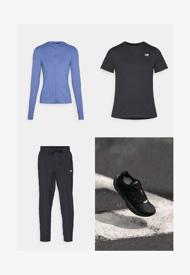 Lange mouwen, hoodie met rits aan de voorkant in lichtblauwe stof. Beschikt over een textuurpatroon en een getailleerd ontwerp met een capuchon.; Zwarte korte mouwen t-shirt van zacht materiaal, met een klein grijs New Balance-logo op de bovenste linkerborst, klassieke ronde hals ontwerp.; Zwarte trainingsbroek van lichtgewicht materiaal met een elastische tailleband en een verstelbaar trekkoord. Beschikt over een klein logo aan de zijkant.; Zwarte hardloopschoen met een gestructureerde bovenkant, slank ontwerp en reflecterende accenten. Heeft een zachte, gevoerde zool voor comfort.