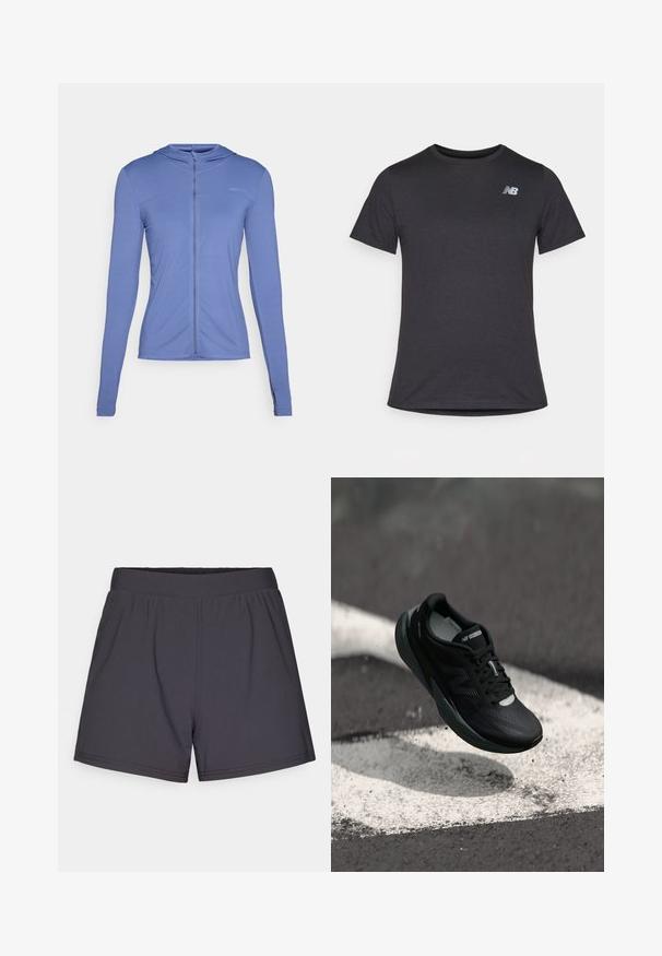 Gara piedurkņu, ar rāvējslēdzēju priekšā, kapuce gaiši zilā audumā. Raksturīga faktūras raksts un pieguļošs dizains ar kapuci.; Melnas īsām piedurknēm T-krekls, izgatavots no mīksta auduma, ar nelielu pelēku New Balance logo kreisajā augšējā krūtīs, klasiskā apaļā kakla dizainā.; Melnas sporta šortus, kas izgatavoti no viegla, elastīga auduma. Satur elastīgu jostu un vienkāršu, bez rotājumiem dizainu.; Melnas skriešanas kurpes ar teksturētu augšdaļu, glītu dizainu un atstarojošiem akcentiem. Iekļauj mīkstu, spilventiņu zoli komfortam.