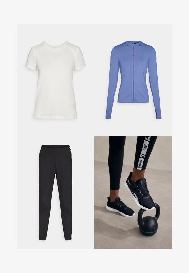 Hosszú ujjú, cipzáros kapucnis pulóver világoskék szövetből. Texturált mintával és testhezálló szabással rendelkezik, kapucnival.; Fehér, rövid ujjú póló puha anyagból, kerek nyakkivágással és laza szabással, sima, varrat nélküli vállrész kiemelésekkel.; Fekete leggings rugalmas anyagból. Magas derék, szűkített fazon, fehér oldalcsíkokkal a külső varrások mentén. Sima felület.; Fekete sportcipők, textúrával ellátott felsőrésszel, fehér talppal és szürke akcentusokkal, egy fekete kettlebellre helyezve, kék csíkkal, semleges háttér előtt.